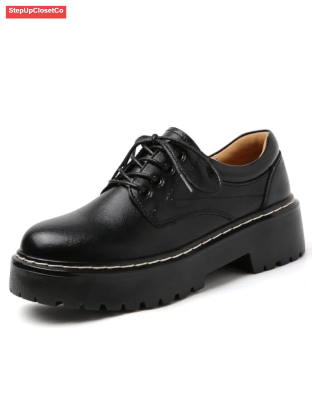 Leather Platform Oxfords Women's Chunky Heel Lace-Up Round Toe Shoes